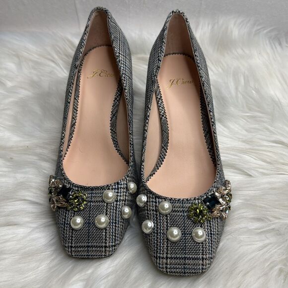 J. Crew Celia Glen Plaid Jeweled Pearl Block Heel Pump 7 - Picture 3 of 6